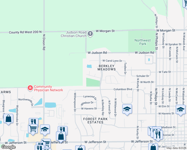 map of restaurants, bars, coffee shops, grocery stores, and more near 1312 Tammie Court in Kokomo