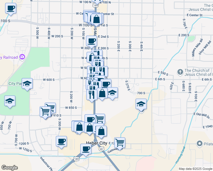 map of restaurants, bars, coffee shops, grocery stores, and more near 72 East 6th South in Heber City