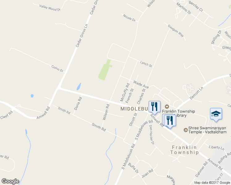 map of restaurants, bars, coffee shops, grocery stores, and more near 65 Wilson Road in Franklin Township