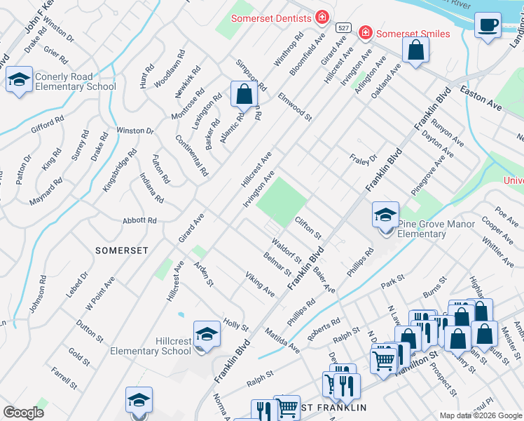 map of restaurants, bars, coffee shops, grocery stores, and more near 48 Clifton Street in Franklin Township