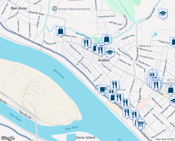 map of restaurants, bars, coffee shops, grocery stores, and more near 600 Orchard Avenue in Avalon