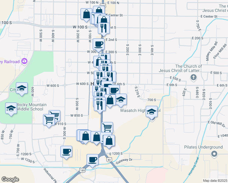 map of restaurants, bars, coffee shops, grocery stores, and more near 72 East 6th South in Heber City