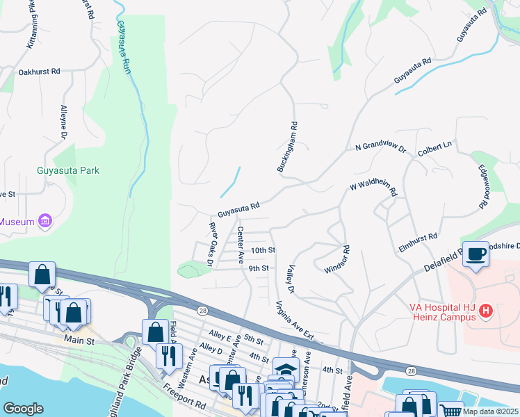 map of restaurants, bars, coffee shops, grocery stores, and more near 501 Guyasuta Road in Pittsburgh