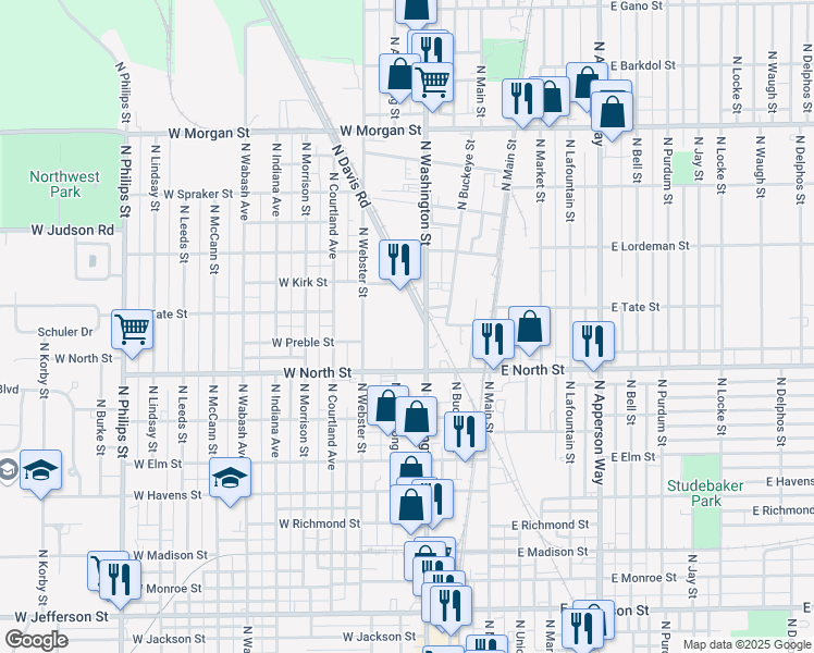 map of restaurants, bars, coffee shops, grocery stores, and more near North Kokomo Street in Kokomo