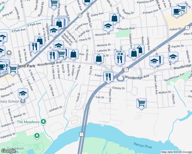 map of restaurants, bars, coffee shops, grocery stores, and more near 26 Riverview Avenue in Edison
