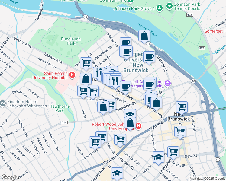 map of restaurants, bars, coffee shops, grocery stores, and more near in New Brunswick