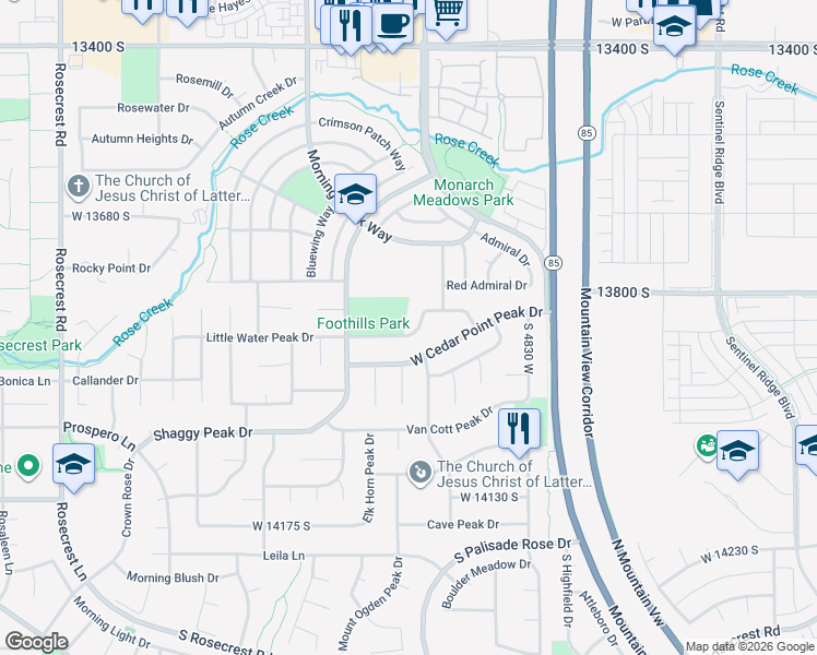 map of restaurants, bars, coffee shops, grocery stores, and more near 5030 Little Water Peak Drive in Riverton