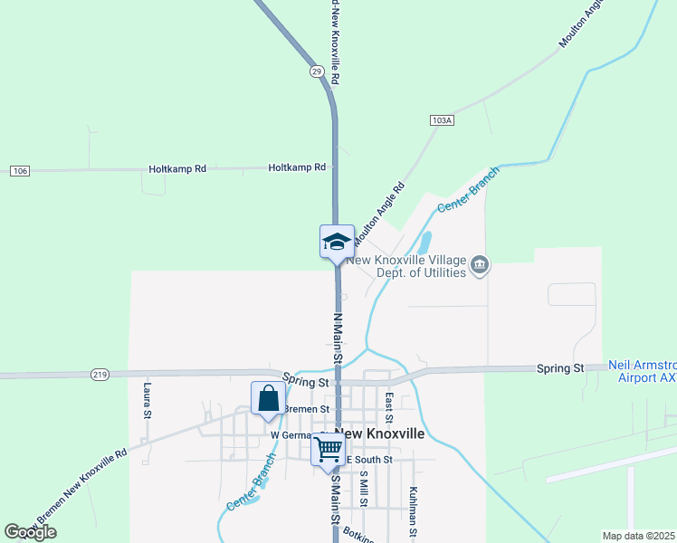 map of restaurants, bars, coffee shops, grocery stores, and more near 345 North Main Street in New Knoxville