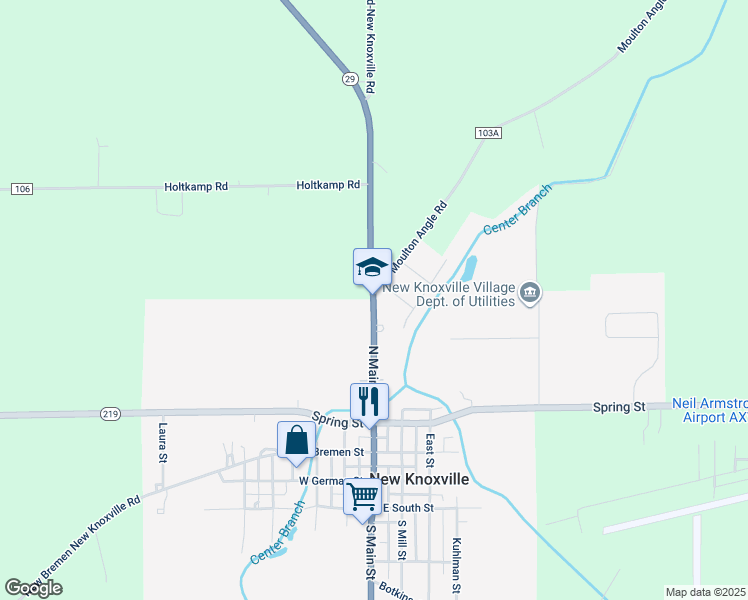 map of restaurants, bars, coffee shops, grocery stores, and more near 345 North Main Street in New Knoxville