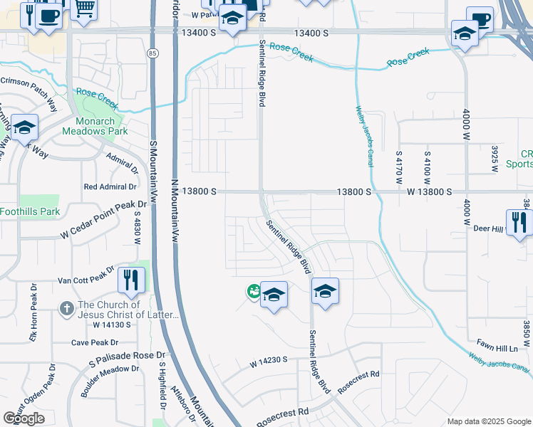 map of restaurants, bars, coffee shops, grocery stores, and more near 13864 Sentinel Ridge Boulevard in Herriman