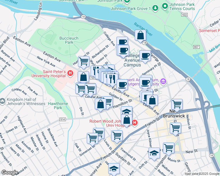 map of restaurants, bars, coffee shops, grocery stores, and more near in New Brunswick