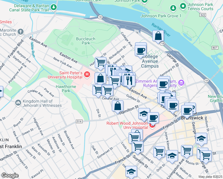 map of restaurants, bars, coffee shops, grocery stores, and more near 188 Easton Avenue in New Brunswick