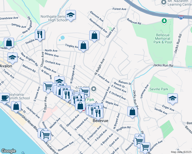 map of restaurants, bars, coffee shops, grocery stores, and more near 170 Deer Lane in Pittsburgh