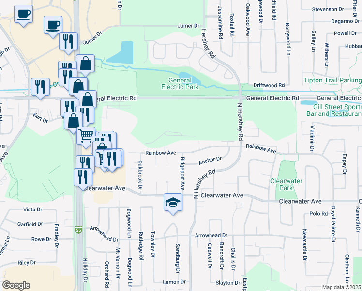 map of restaurants, bars, coffee shops, grocery stores, and more near 2212 Rainbow Avenue in Bloomington