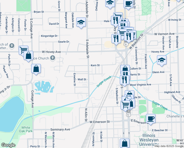 map of restaurants, bars, coffee shops, grocery stores, and more near 1006 South Adelaide Street in Normal