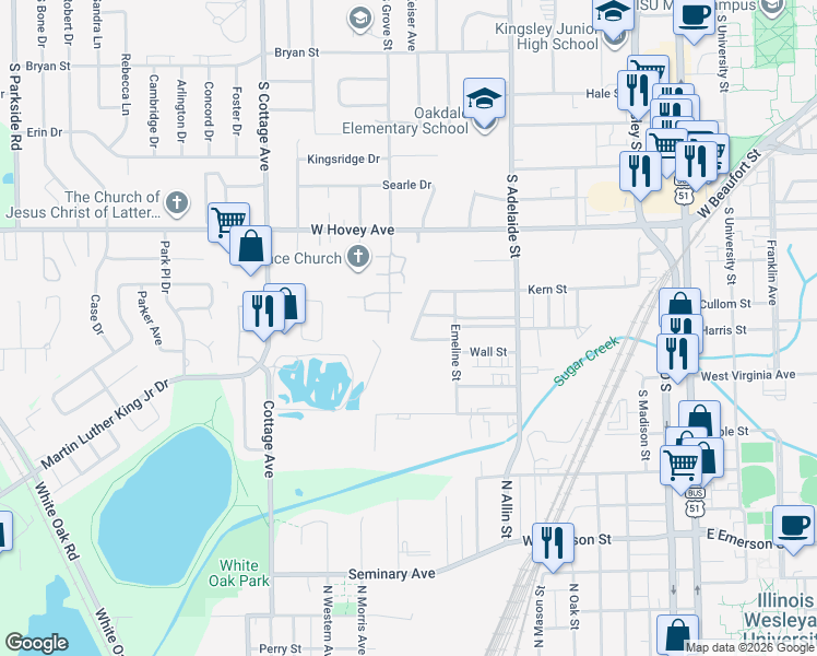 map of restaurants, bars, coffee shops, grocery stores, and more near 1011 Primrose Lane in Normal
