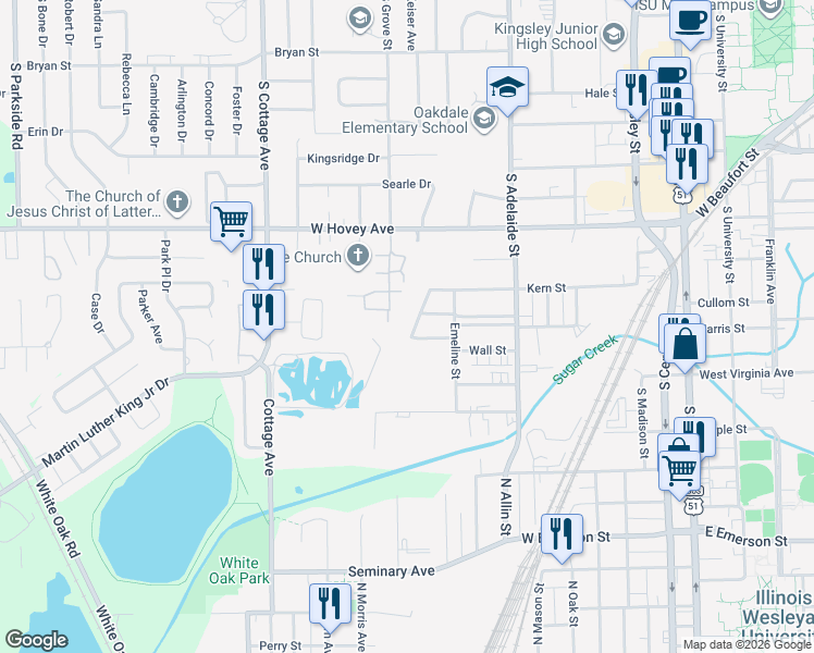 map of restaurants, bars, coffee shops, grocery stores, and more near 1011 Primrose Lane in Normal