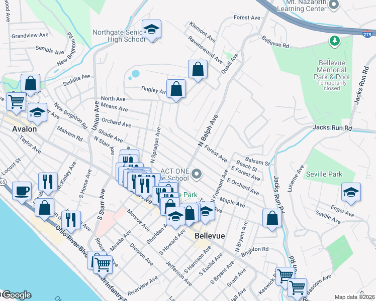 map of restaurants, bars, coffee shops, grocery stores, and more near 516 Orchard Avenue in Bellevue