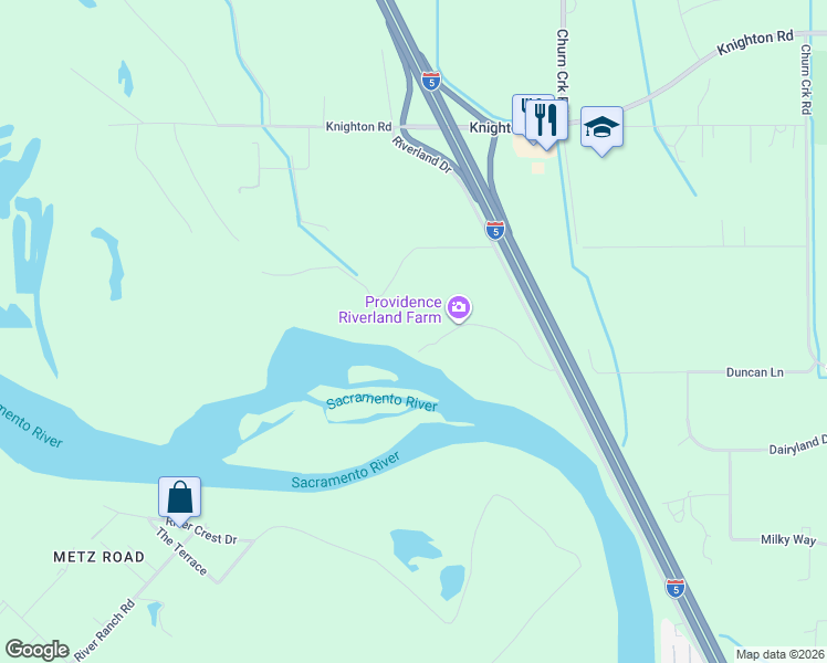 map of restaurants, bars, coffee shops, grocery stores, and more near 19355 Clover Road in Redding