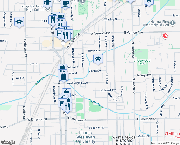 map of restaurants, bars, coffee shops, grocery stores, and more near 306 Glenn Avenue in Normal