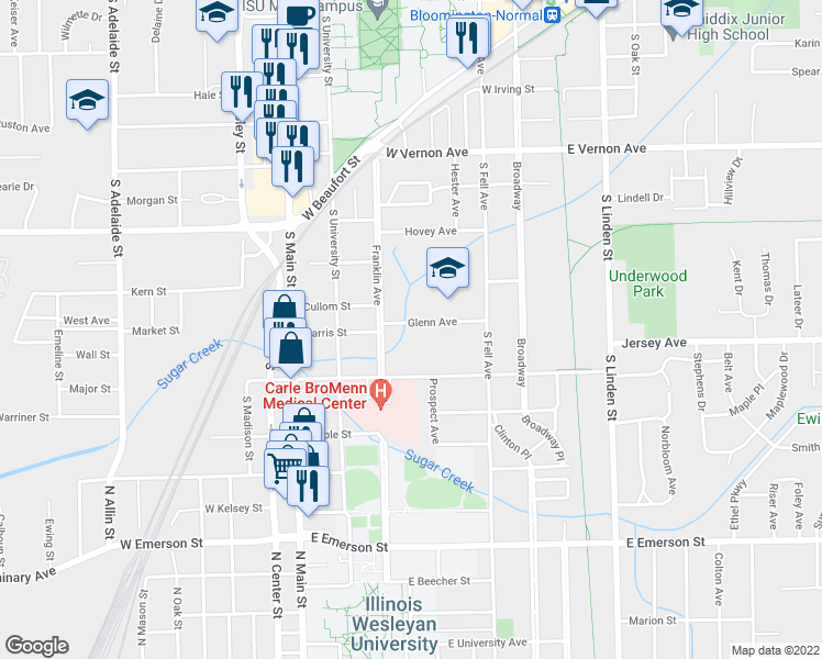 map of restaurants, bars, coffee shops, grocery stores, and more near 306 Glenn Avenue in Normal