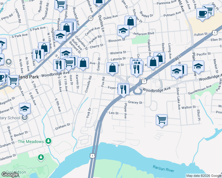 map of restaurants, bars, coffee shops, grocery stores, and more near 26 Riverview Avenue in Edison