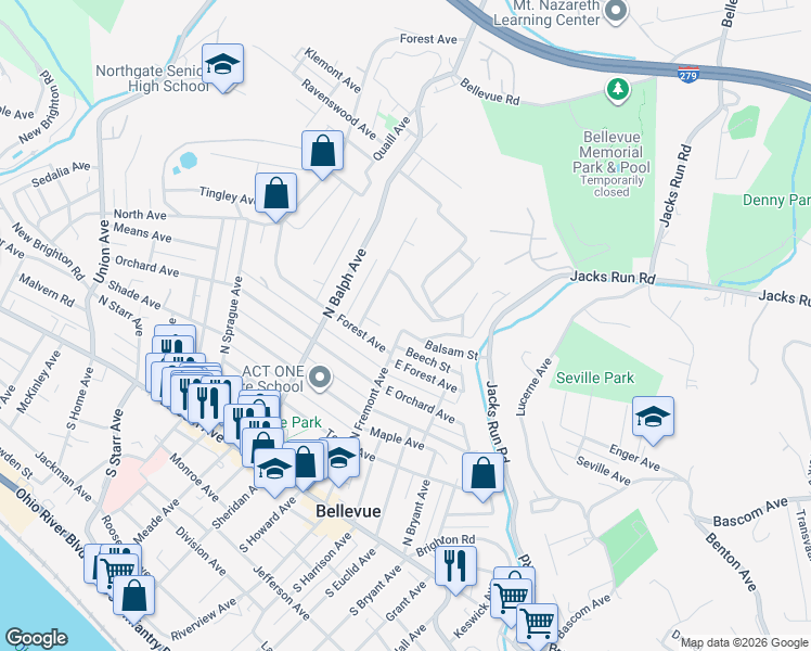map of restaurants, bars, coffee shops, grocery stores, and more near 2 Balsam Street in Pittsburgh