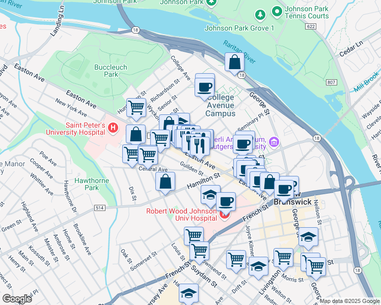map of restaurants, bars, coffee shops, grocery stores, and more near 131 Easton Avenue in New Brunswick