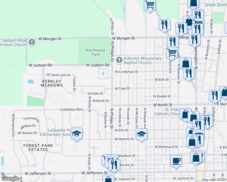 map of restaurants, bars, coffee shops, grocery stores, and more near 1505 North Lindsay Street in Kokomo