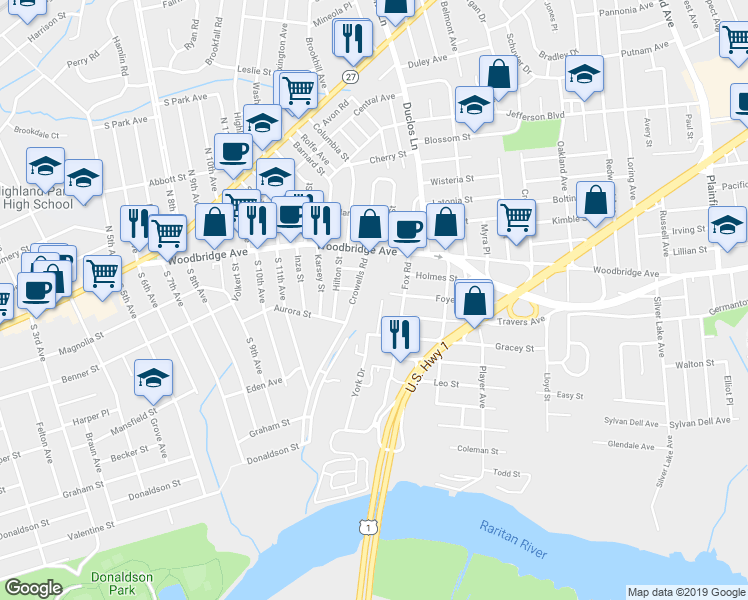 map of restaurants, bars, coffee shops, grocery stores, and more near 233 Crowells Road in Edison