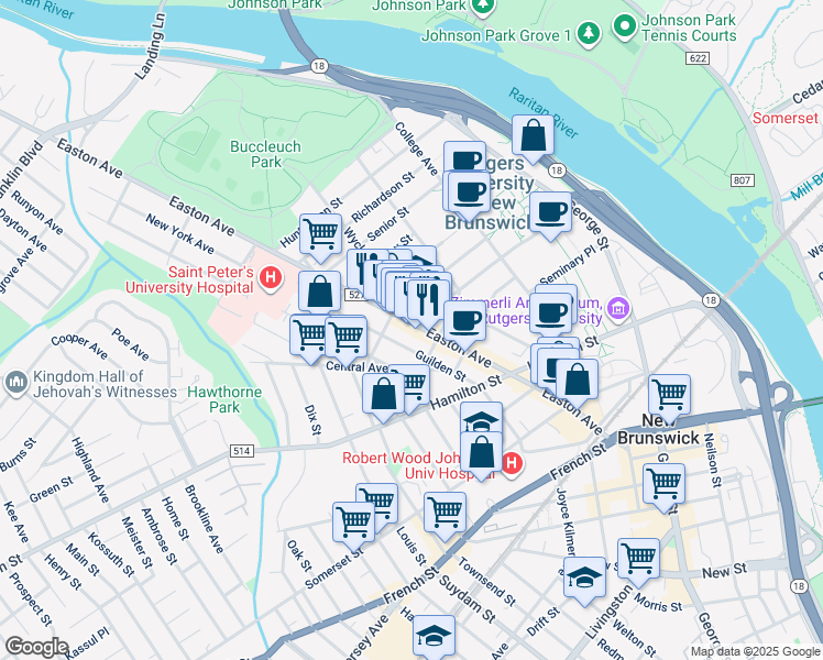 map of restaurants, bars, coffee shops, grocery stores, and more near in New Brunswick