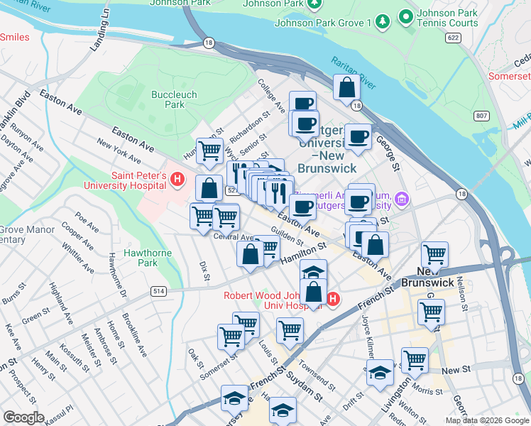 map of restaurants, bars, coffee shops, grocery stores, and more near in New Brunswick