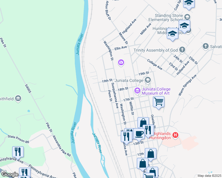 map of restaurants, bars, coffee shops, grocery stores, and more near 1813 Penn St in Huntingdon