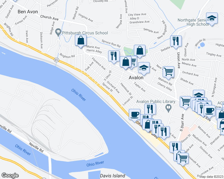 map of restaurants, bars, coffee shops, grocery stores, and more near 520 Orchard Avenue in Avalon