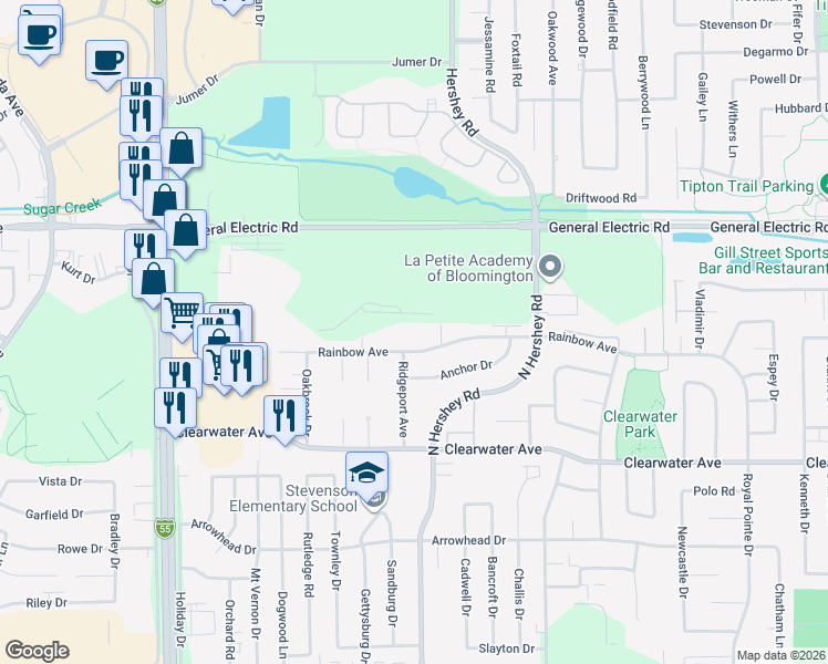 map of restaurants, bars, coffee shops, grocery stores, and more near 2212 Rainbow Avenue in Bloomington