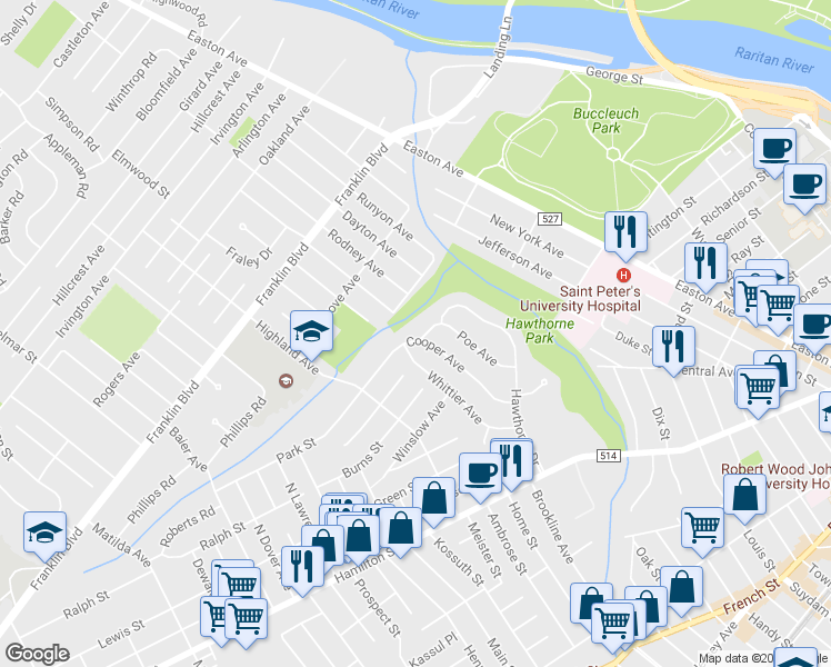 map of restaurants, bars, coffee shops, grocery stores, and more near 33 Cooper Avenue in Franklin Township