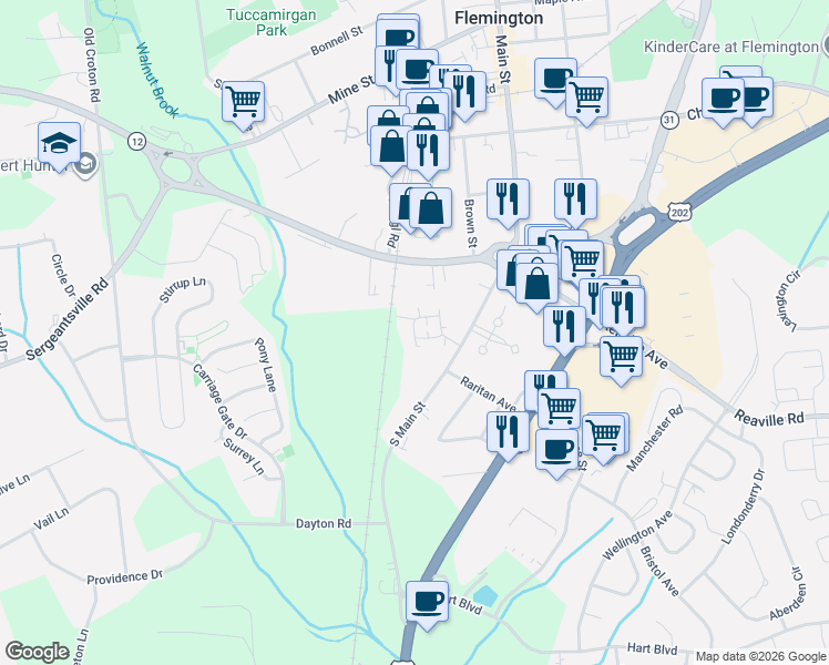 map of restaurants, bars, coffee shops, grocery stores, and more near 601 Clark Circle in Flemington