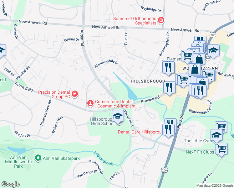 map of restaurants, bars, coffee shops, grocery stores, and more near 600 Auten Road in Hillsborough Township