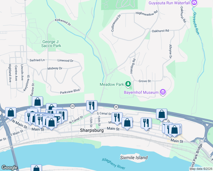 map of restaurants, bars, coffee shops, grocery stores, and more near 85 Kittanning Pike in Pittsburgh