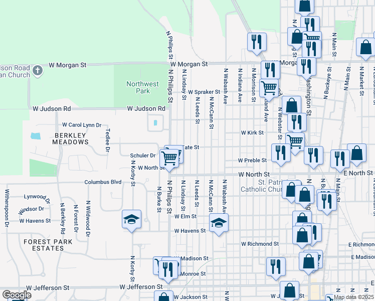 map of restaurants, bars, coffee shops, grocery stores, and more near 1100 West Tate Street in Kokomo