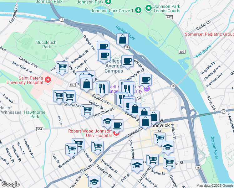 map of restaurants, bars, coffee shops, grocery stores, and more near 21 Union Street in New Brunswick