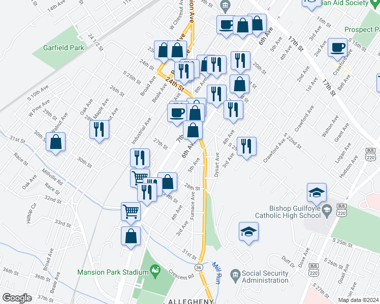 map of restaurants, bars, coffee shops, grocery stores, and more near 2615 6th Avenue in Altoona