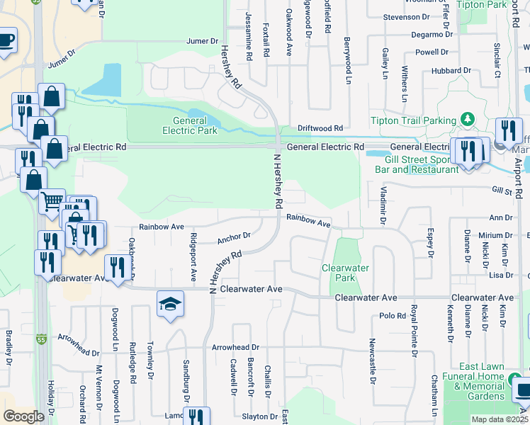 map of restaurants, bars, coffee shops, grocery stores, and more near 2410 Rainbow Avenue in Bloomington