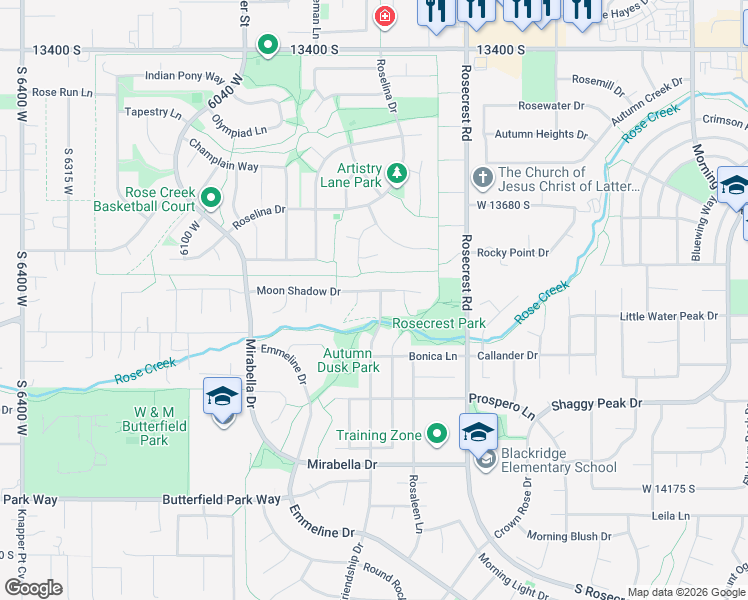 map of restaurants, bars, coffee shops, grocery stores, and more near 5786 Moon Shadow Drive in Herriman