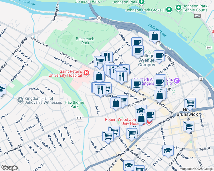 map of restaurants, bars, coffee shops, grocery stores, and more near 94 Guilden Street in New Brunswick