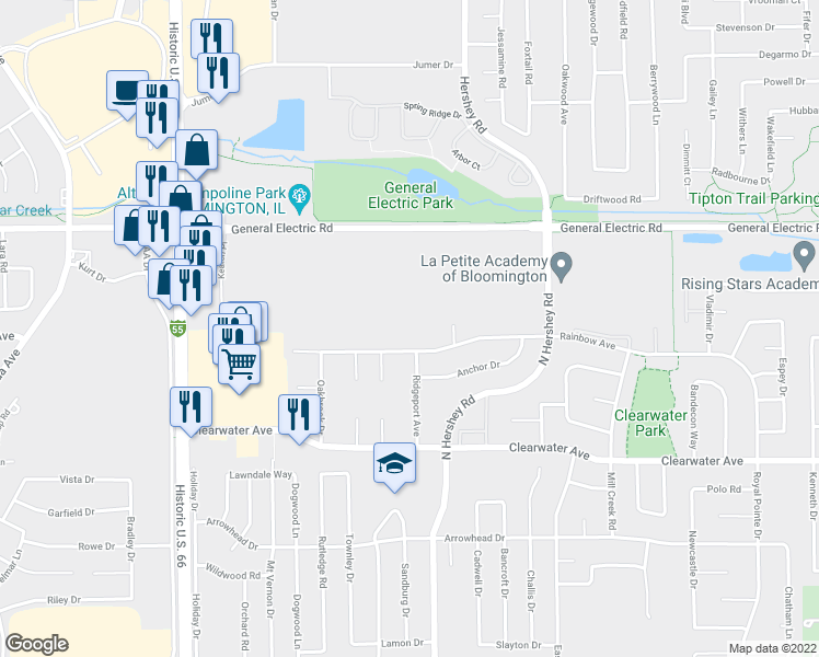 map of restaurants, bars, coffee shops, grocery stores, and more near 2212 Rainbow Avenue in Bloomington