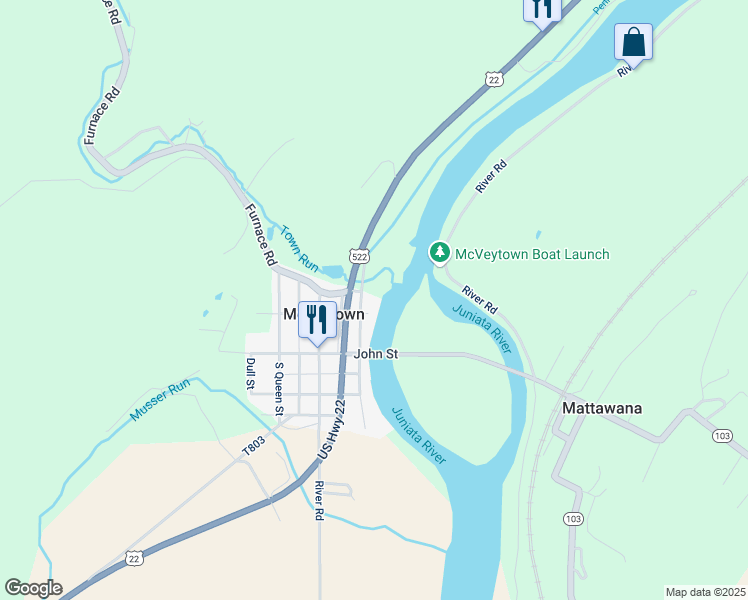 map of restaurants, bars, coffee shops, grocery stores, and more near 24 North Water Street in McVeytown