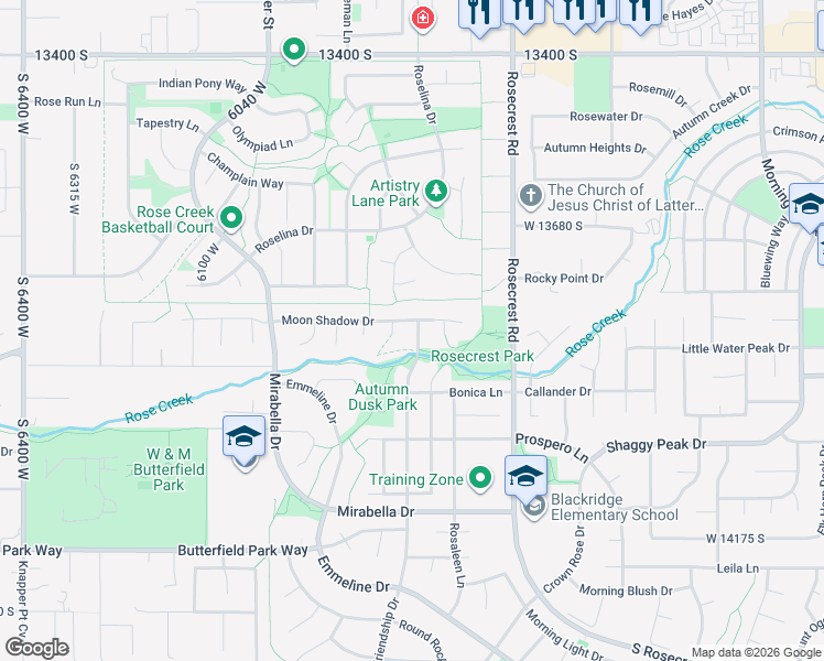 map of restaurants, bars, coffee shops, grocery stores, and more near 5786 Moon Shadow Drive in Herriman