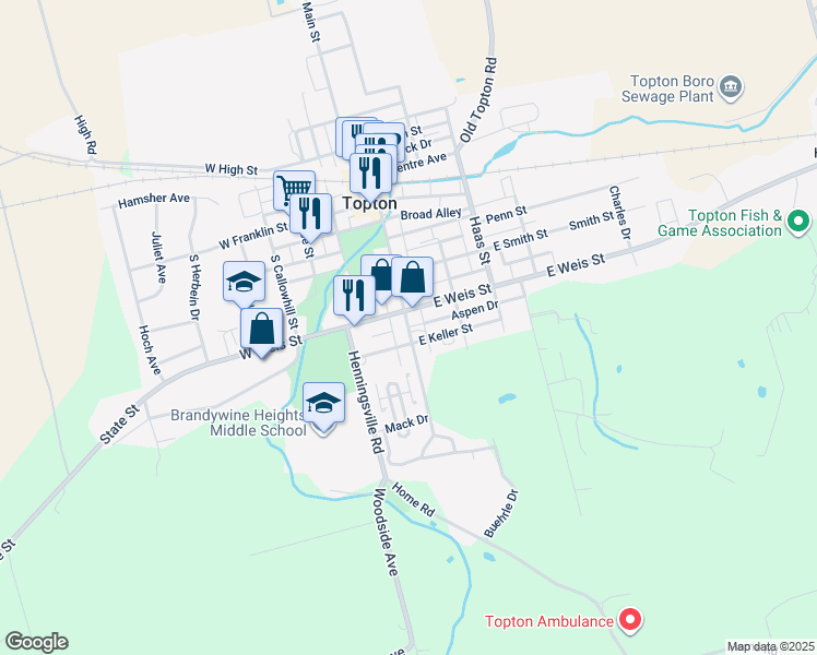map of restaurants, bars, coffee shops, grocery stores, and more near 304 South Home Avenue in Topton