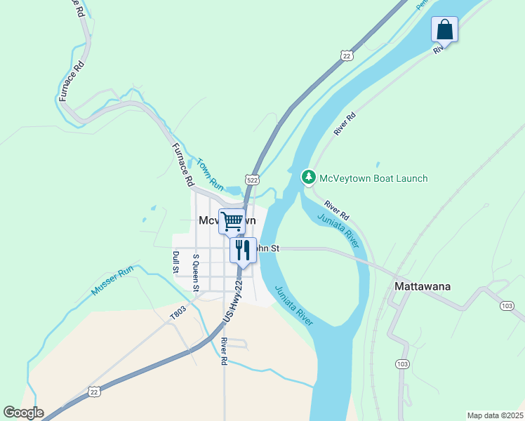 map of restaurants, bars, coffee shops, grocery stores, and more near 24 North Water Street in McVeytown